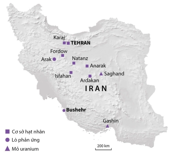 Vị trí ba cơ sở hạt nhân trọng yếu của Iran: Fordow, Natanz và Isfahan. Đồ họa: AFP